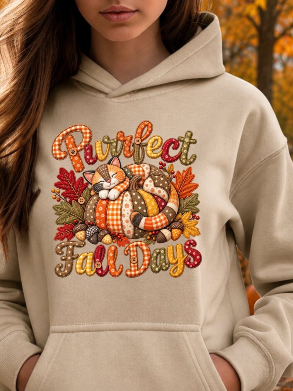 Purrfect Fall Days HOODIE Graphic Sweatshirt Adult Unisex Applique Cat Autumn